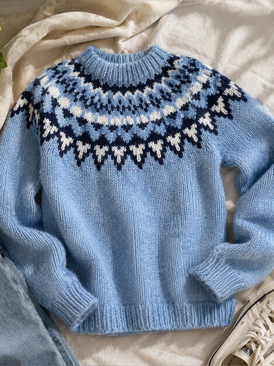 Sweaters - Handmade Fair Isle Knit Sweater | Baby Blue Nordic Wool Style Pullover